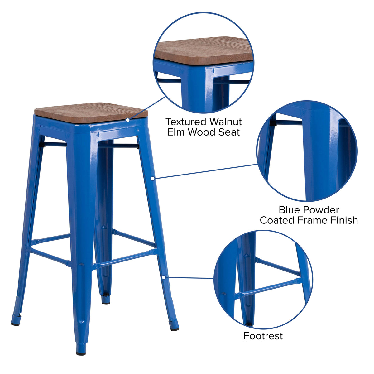 Blue |#| 30inch High Backless Blue Metal Barstool with Square Wood Seat - Kitchen Furniture