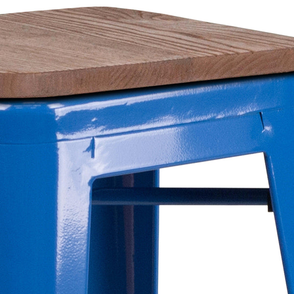 Blue |#| 30inch High Backless Blue Metal Barstool with Square Wood Seat - Kitchen Furniture