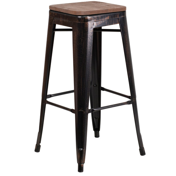 Black-Antique Gold |#| 30inch High Backless Black-Antique Gold Metal Barstool with Square Wood Seat