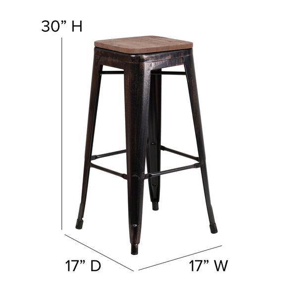 Black-Antique Gold |#| 30inch High Backless Black-Antique Gold Metal Barstool with Square Wood Seat