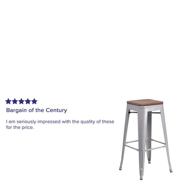 Silver |#| 30inch High Backless Silver Metal Barstool w/ Square Wood Seat - Kitchen Furniture