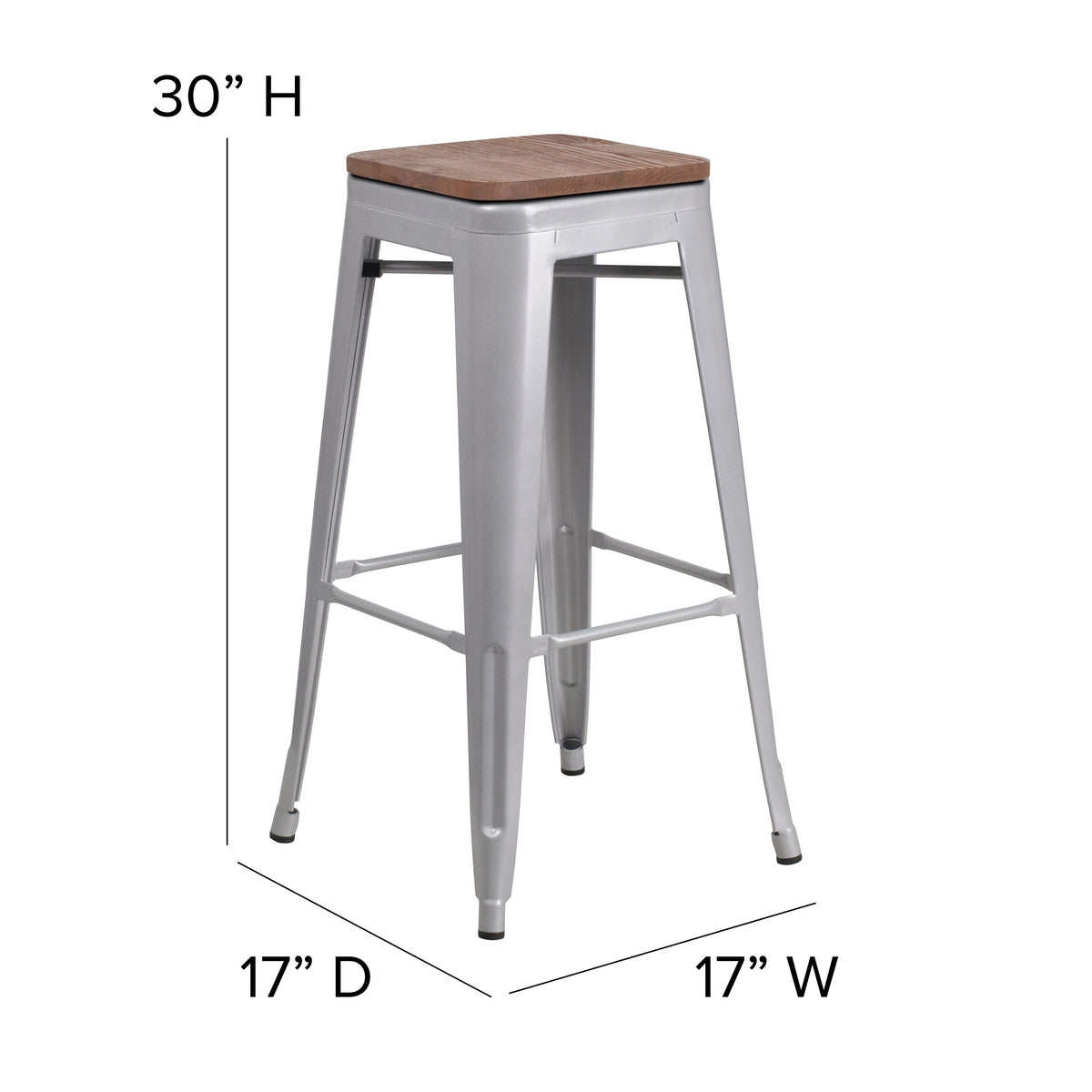 Silver |#| 30inch High Backless Silver Metal Barstool w/ Square Wood Seat - Kitchen Furniture