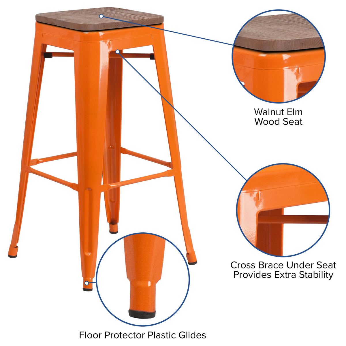 Orange |#| 30inch High Backless Orange Metal Barstool w/ Square Wood Seat - Kitchen Furniture