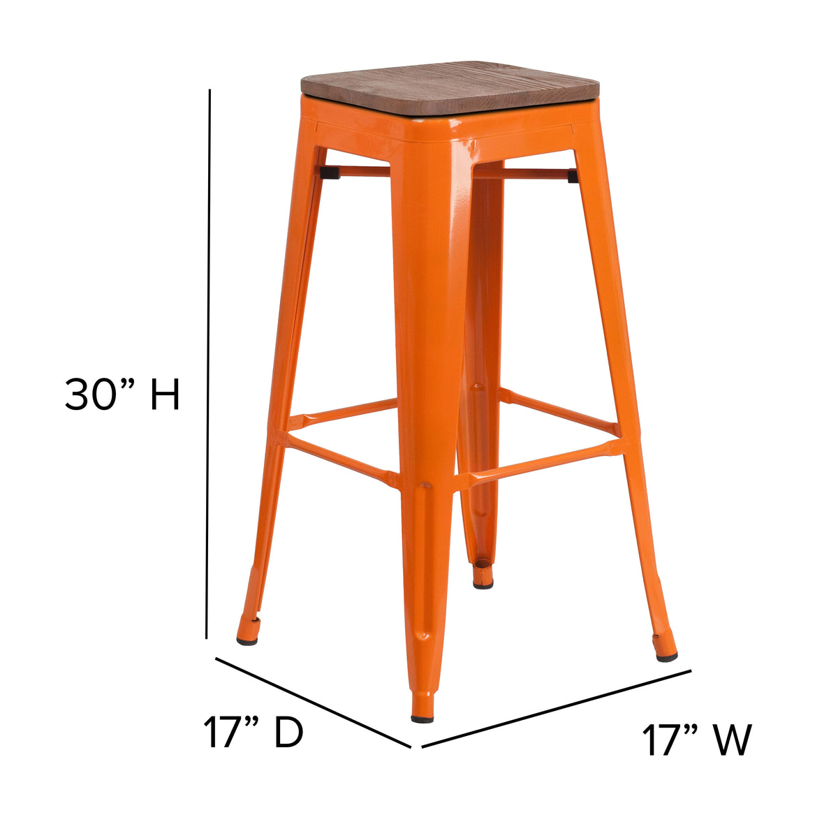 Orange |#| 30inch High Backless Orange Metal Barstool w/ Square Wood Seat - Kitchen Furniture