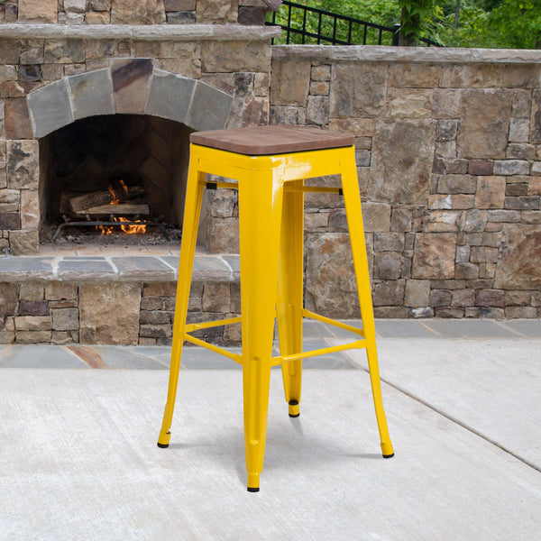 Yellow |#| 30inch High Backless Yellow Metal Barstool w/ Square Wood Seat - Kitchen Furniture