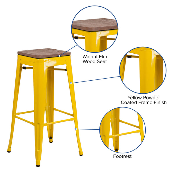 Yellow |#| 30inch High Backless Yellow Metal Barstool w/ Square Wood Seat - Kitchen Furniture