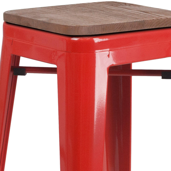 Red |#| 30inch High Backless Red Metal Barstool with Square Wood Seat - Kitchen Furniture