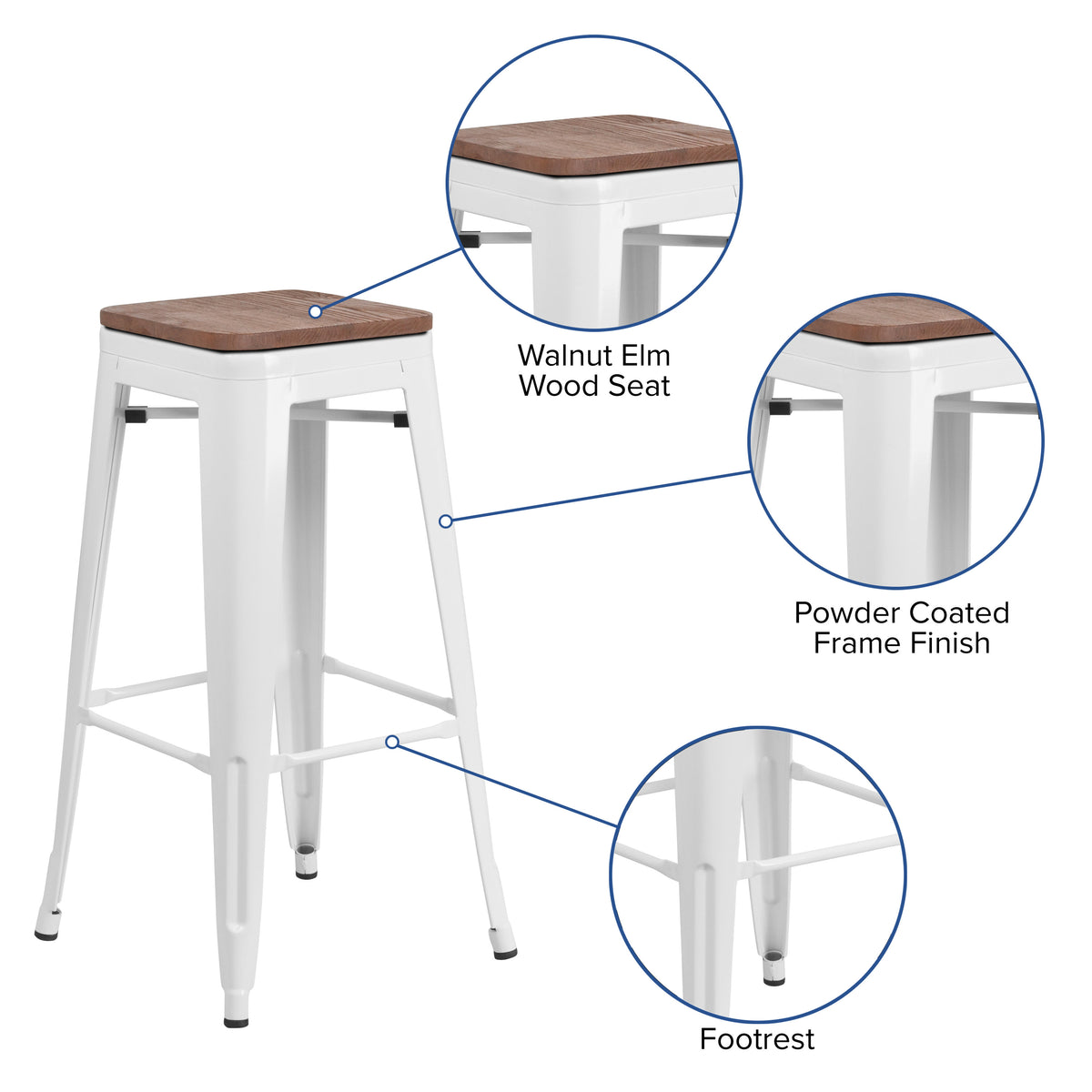 White |#| 30inch High Backless White Metal Barstool with Square Wood Seat - Kitchen Furniture