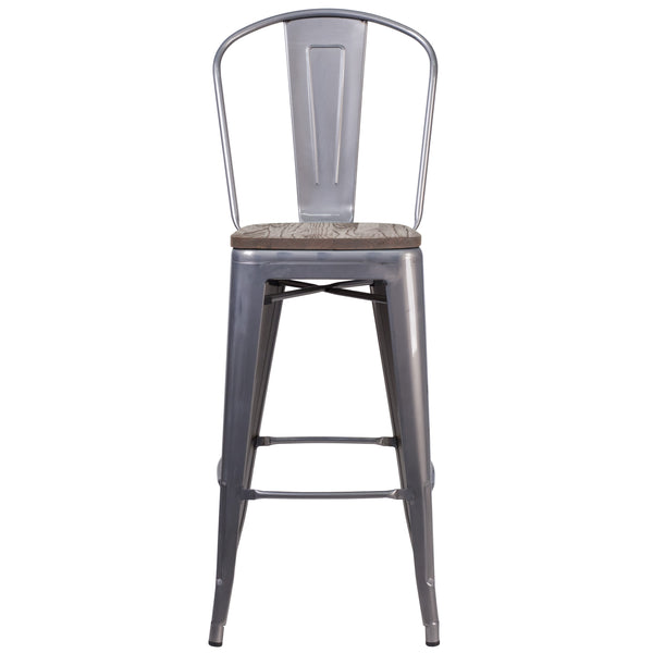 30inch High Clear Coated Barstool with Back and Wood Seat