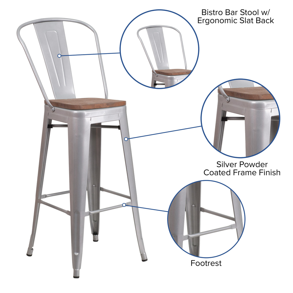 Silver |#| 30inch High Silver Metal Barstool with Back and Wood Seat - Kitchen Furniture