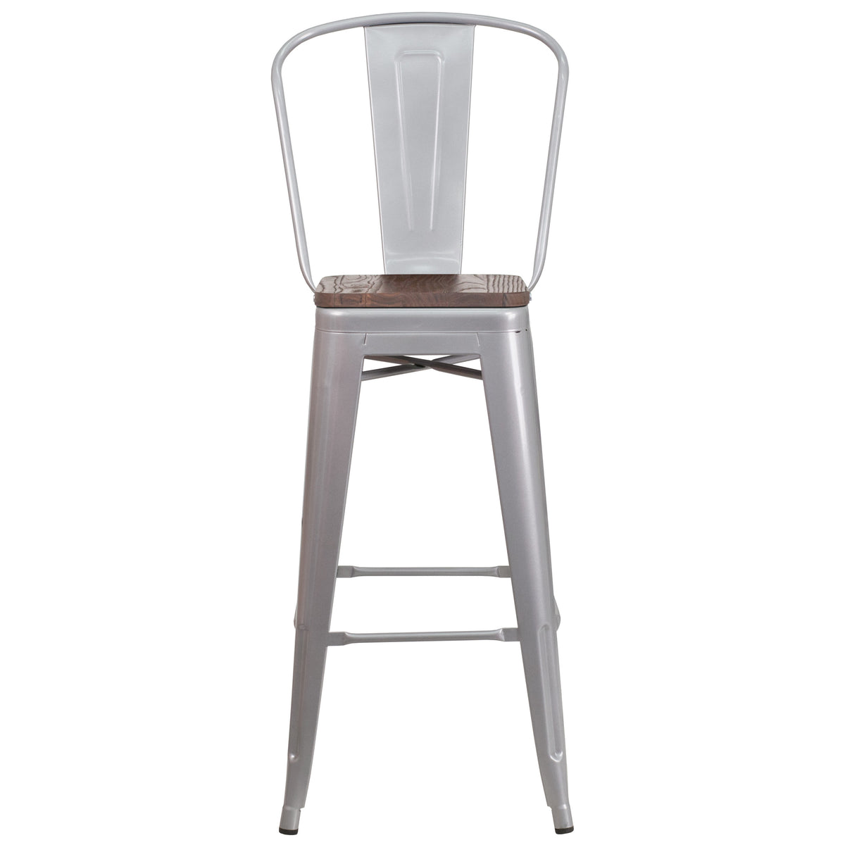 Silver |#| 30inch High Silver Metal Barstool with Back and Wood Seat - Kitchen Furniture