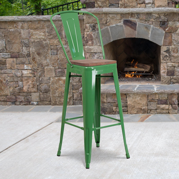 Green |#| 30inch High Green Metal Barstool with Back and Wood Seat - Kitchen Furniture