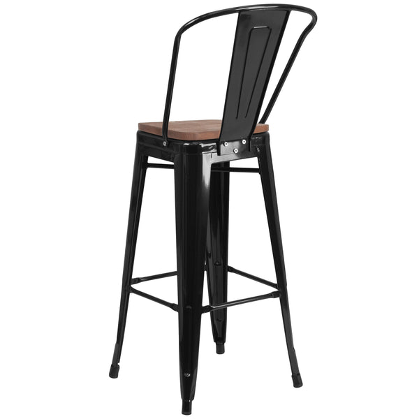 Black |#| 30inch High Black Metal Barstool with Back and Wood Seat - Kitchen Furniture