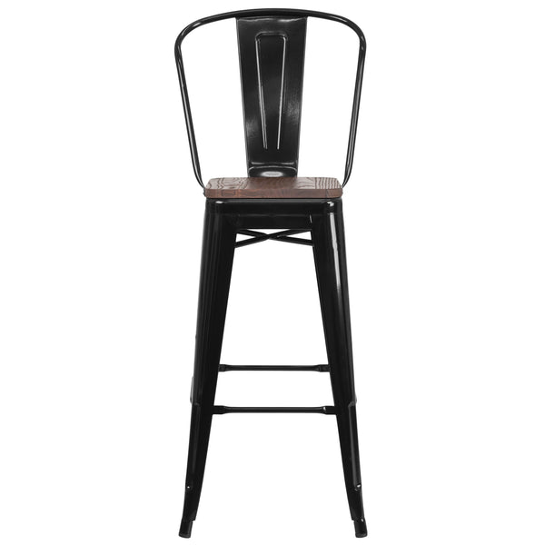 Black |#| 30inch High Black Metal Barstool with Back and Wood Seat - Kitchen Furniture