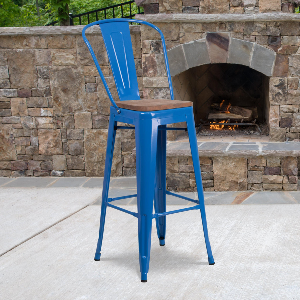 Blue |#| 30inch High Blue Metal Barstool with Back and Wood Seat - Kitchen Furniture