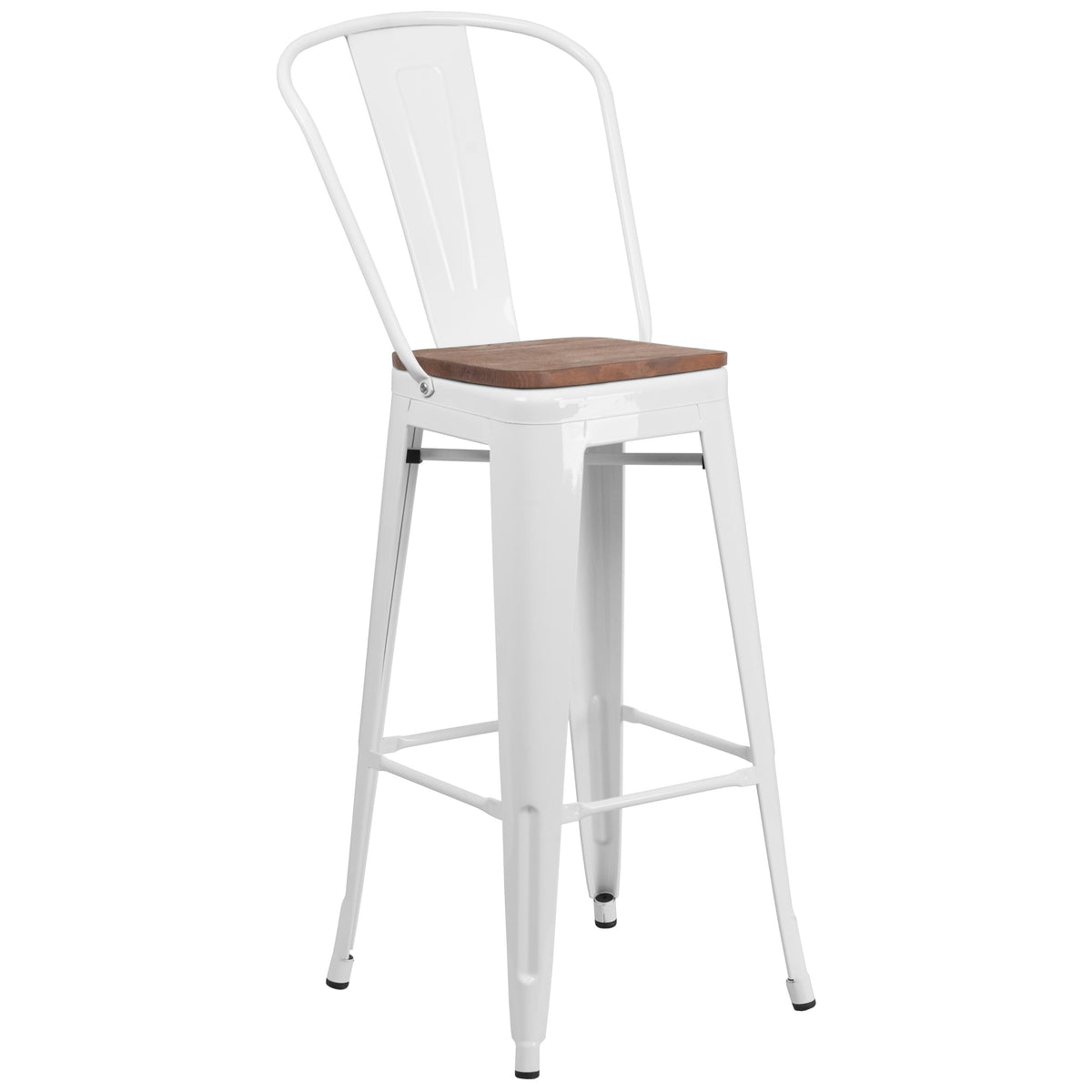 White |#| 30inch High White Metal Barstool with Back and Wood Seat - Kitchen Furniture