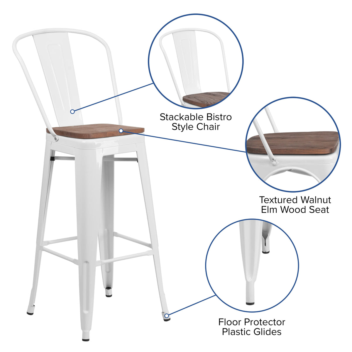 White |#| 30inch High White Metal Barstool with Back and Wood Seat - Kitchen Furniture