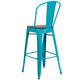Crystal Teal-Blue |#| 30inch High Crystal Teal-Blue Metal Barstool with Back and Wood Seat