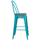 Crystal Teal-Blue |#| 30inch High Crystal Teal-Blue Metal Barstool with Back and Wood Seat