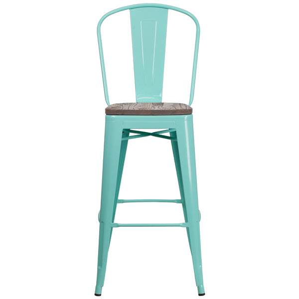 Purple |#| 30inch High Purple Metal Barstool with Back and Wood Seat