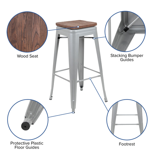 Silver |#| 4 Pack 30inch High Metal Indoor Bar Stool - Stackable Stool, Silver