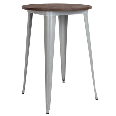 30" Round Metal Indoor Bar Height Table with Rustic Wood Top - View 1