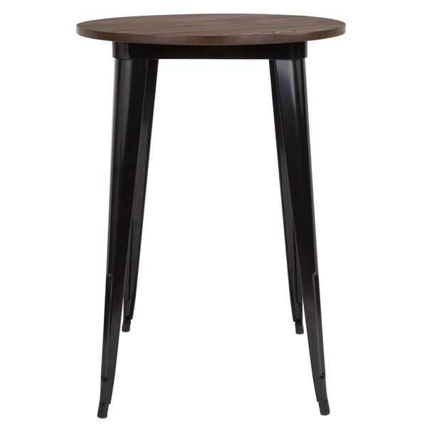 Black |#| 30inch Round Black Metal Indoor Bar Height Table with Walnut Rustic Wood Top