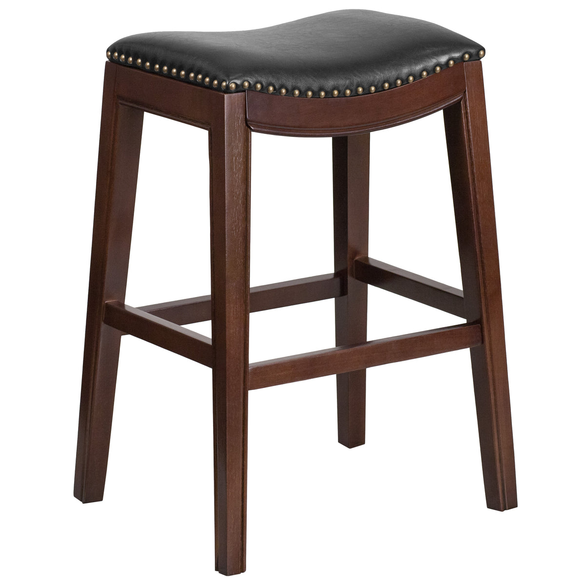 Cappuccino |#| 30inch High Backless Cappuccino Wood Barstool with Black LeatherSoft Saddle Seat