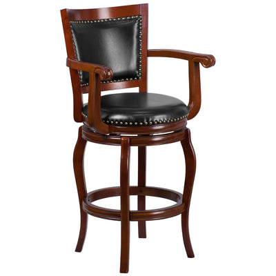 30'' High Wood Barstool with Arms, Panel Back and LeatherSoft Swivel Seat