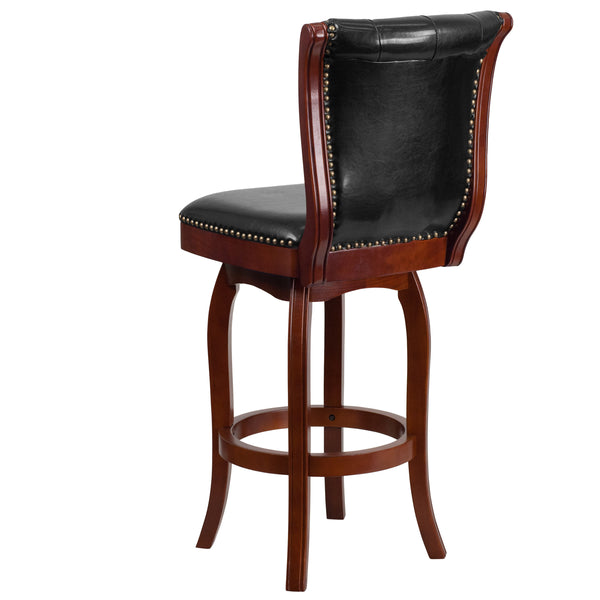 Cherry |#| 30inch High Cherry Wood Barstool with Button Tufted Back & Black LeatherSoft Seat