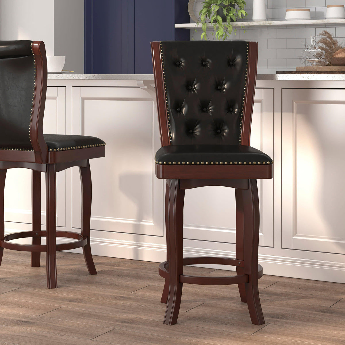 Cappuccino |#| 30inch High Cappuccino Wood Barstool w/Tufted Back & Black LeatherSoft Swivel Seat