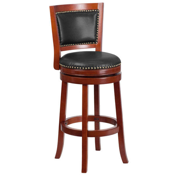 Dark Cherry |#| 30inch High Dk Cherry Wood Barstool with Open Panel Back & Walnut LeatherSoft Seat
