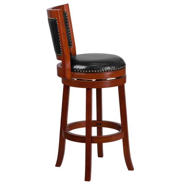 Light Cherry |#| 30inch High Lt Cherry Wood Barstool with Open Panel Back & Black LeatherSoft Seat