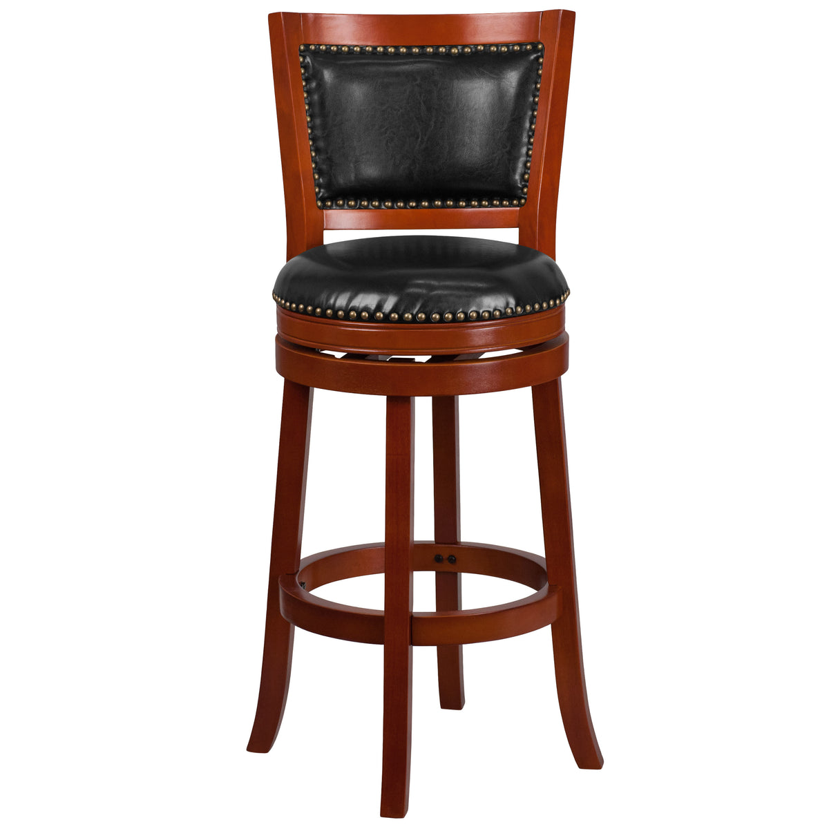 Light Cherry |#| 30inch High Lt Cherry Wood Barstool with Open Panel Back & Black LeatherSoft Seat