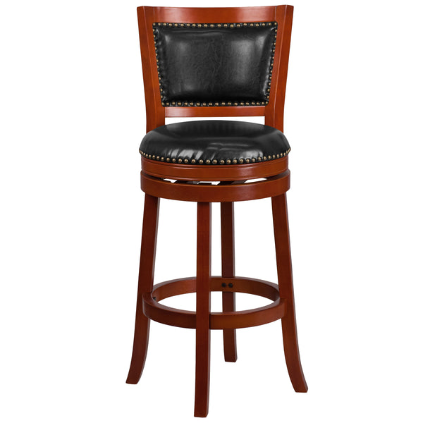 Light Cherry |#| 30inch High Lt Cherry Wood Barstool with Open Panel Back & Black LeatherSoft Seat