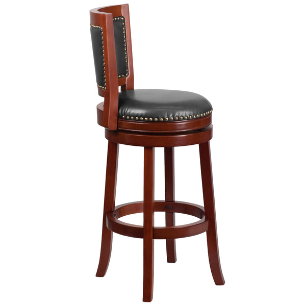 Dark Cherry |#| 30inch High Dk Cherry Wood Barstool with Open Panel Back & Walnut LeatherSoft Seat