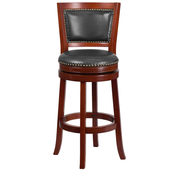 Light Cherry |#| 30inch High Lt Cherry Wood Barstool with Open Panel Back & Black LeatherSoft Seat