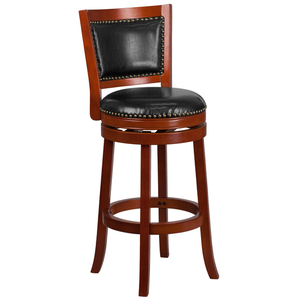 Light Cherry |#| 30inch High Lt Cherry Wood Barstool with Open Panel Back & Black LeatherSoft Seat