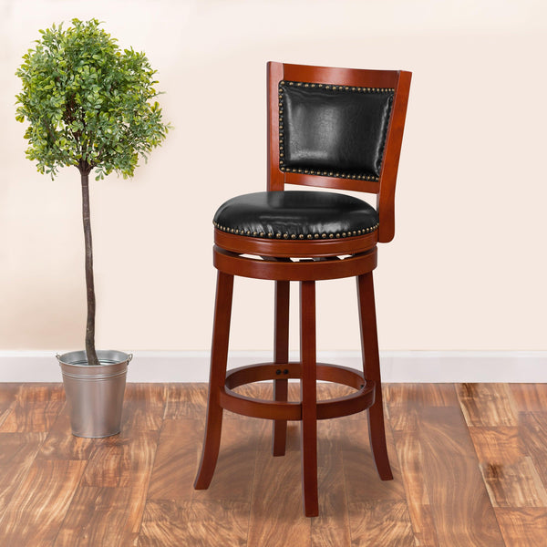 Light Cherry |#| 30inch High Lt Cherry Wood Barstool with Open Panel Back & Black LeatherSoft Seat
