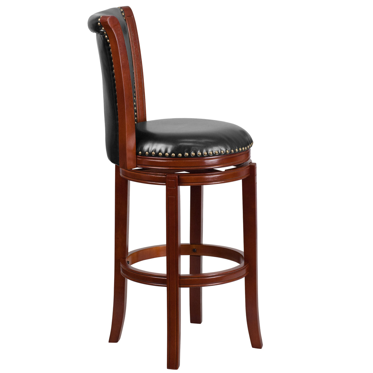 30inch High Dk Chestnut Wood Barstool w/Panel Back & Black LeatherSoft Swivel Seat