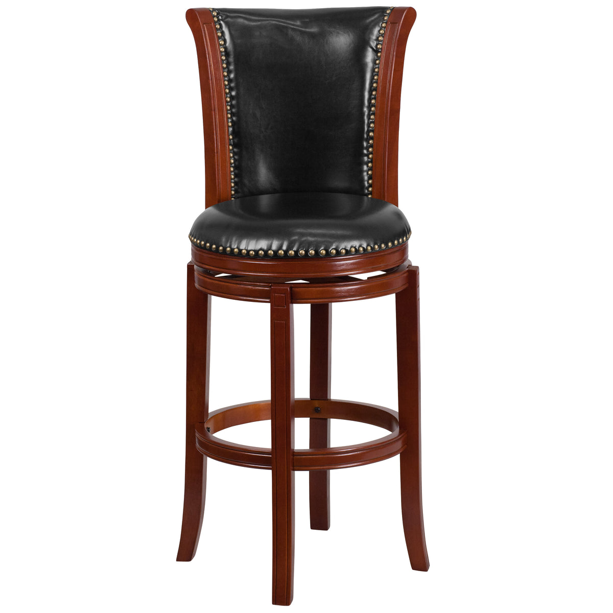 30inch High Dk Chestnut Wood Barstool w/Panel Back & Black LeatherSoft Swivel Seat