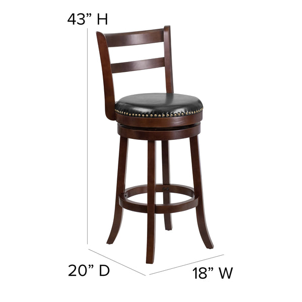 30inch High Cappuccino Wood Barstool w/Ladder Back & Black LeatherSoft Swivel Seat