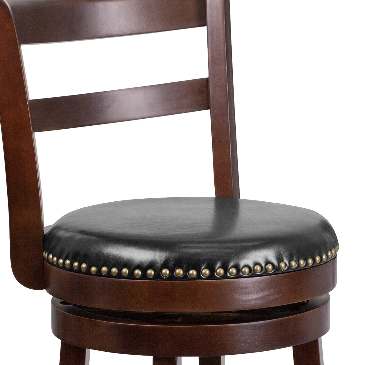 30inch High Cappuccino Wood Barstool w/Ladder Back & Black LeatherSoft Swivel Seat