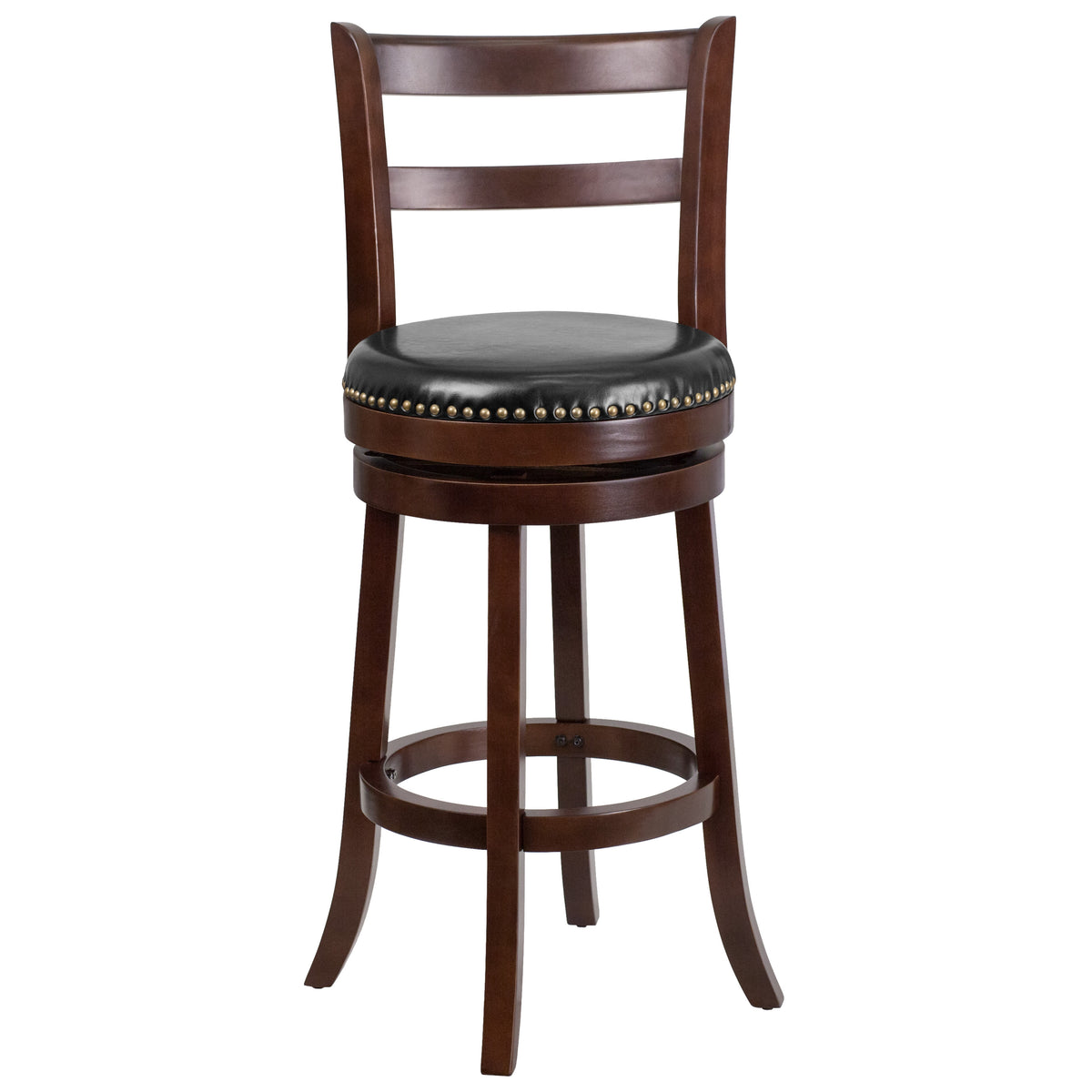 30inch High Cappuccino Wood Barstool w/Ladder Back & Black LeatherSoft Swivel Seat