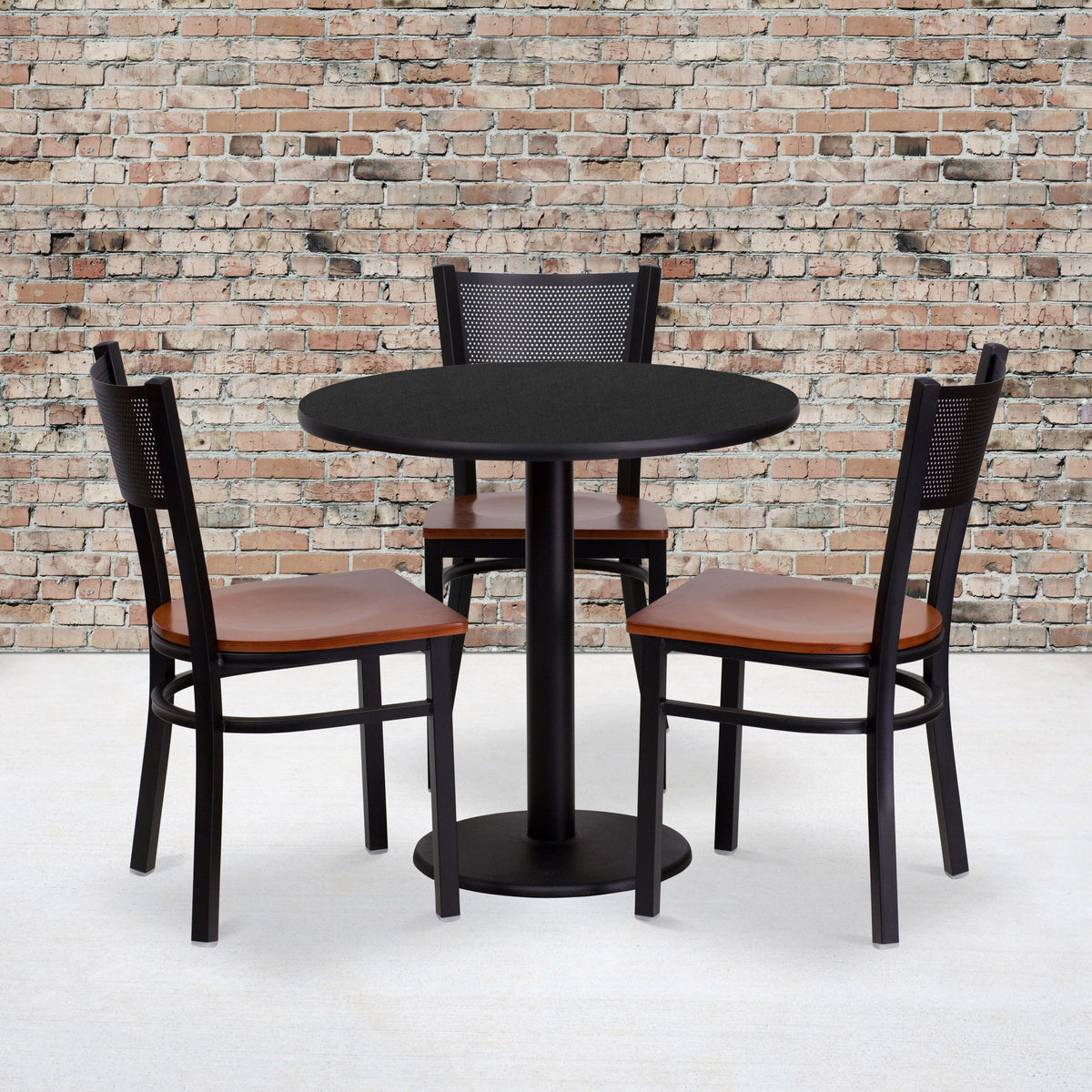 30inch Round Black Laminate Table Set with 3 Metal Chairs - Cherry Wood Seat