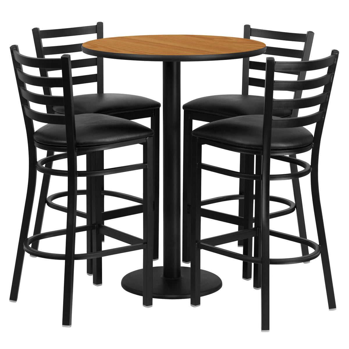 Natural Top/Black Vinyl Seat |#| 30inch Round Natural Laminate Table w/ Round Base & 4 Ladder Back Metal Barstools