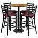 Natural Top/Burgundy Vinyl Seat |#| 30inch Round Natural Laminate Table w/ Round Base & 4 Ladder Back Metal Barstools