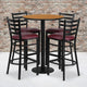 Natural Top/Burgundy Vinyl Seat |#| 30inch Round Natural Laminate Table w/ Round Base & 4 Ladder Back Metal Barstools