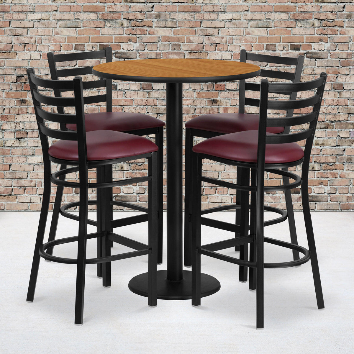 Natural Top/Burgundy Vinyl Seat |#| 30inch Round Natural Laminate Table w/ Round Base & 4 Ladder Back Metal Barstools