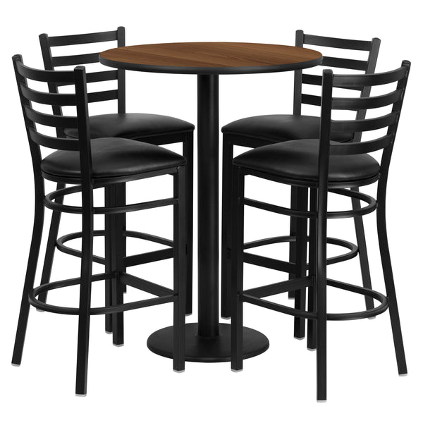 Walnut Top/Black Vinyl Seat |#| 30inch Round Walnut Laminate Table w/ Round Base & 4 Ladder Back Metal Barstools